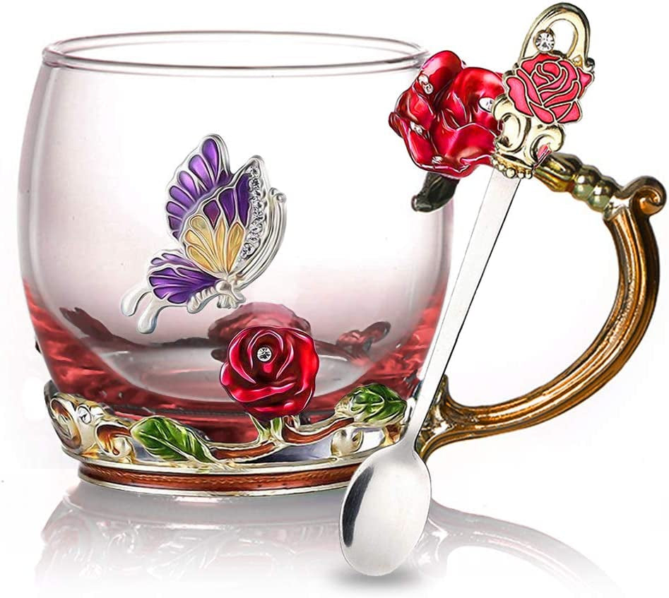 Red Rose Enamel Glass Coffee Mug & Spoon Set - Unique Gift for Special Occasions