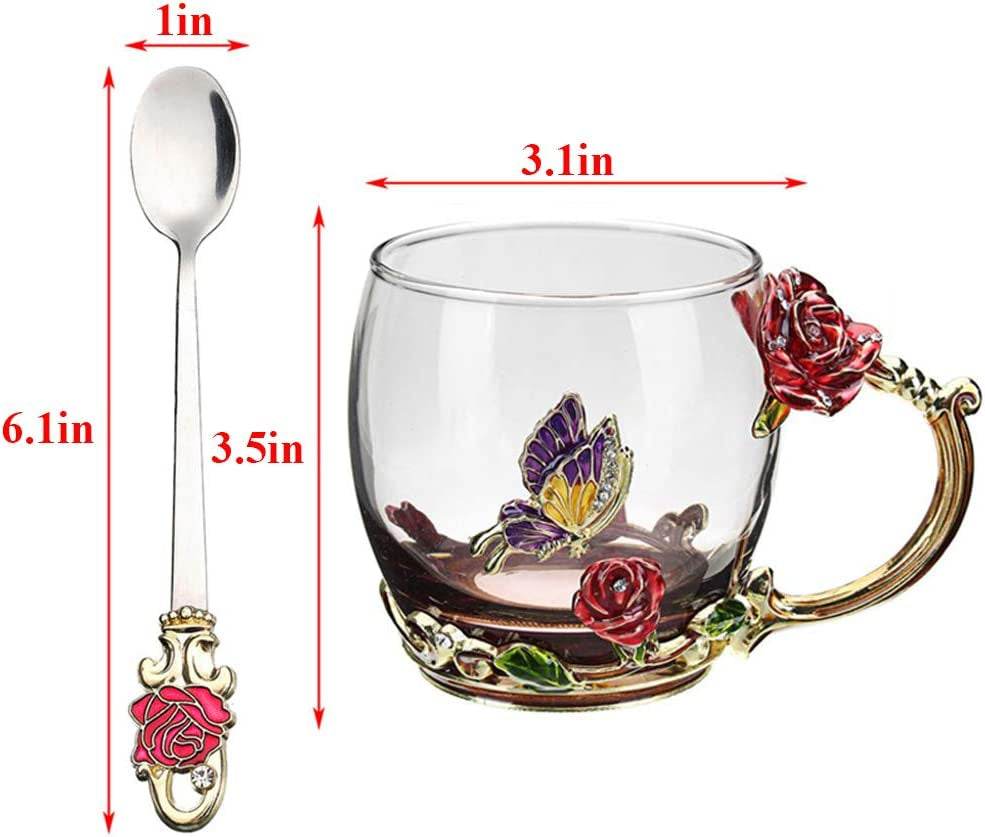 Red Rose Enamel Glass Coffee Mug & Spoon Set - Unique Gift for Special Occasions