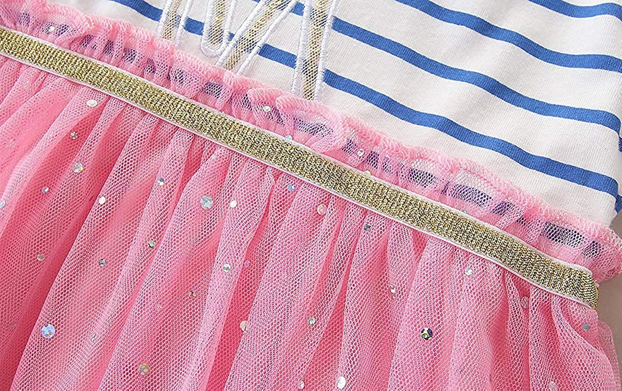 "Cotton Long Sleeve Cartoon Applique Striped Jersey Dress for Girls - 100% Cotton, Soft & Comfortable"