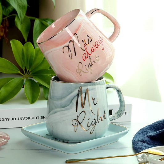 Mr Right & Mrs Always Right Marble Mugs Set - Perfect Engagement, Wedding & Anniversary Gift