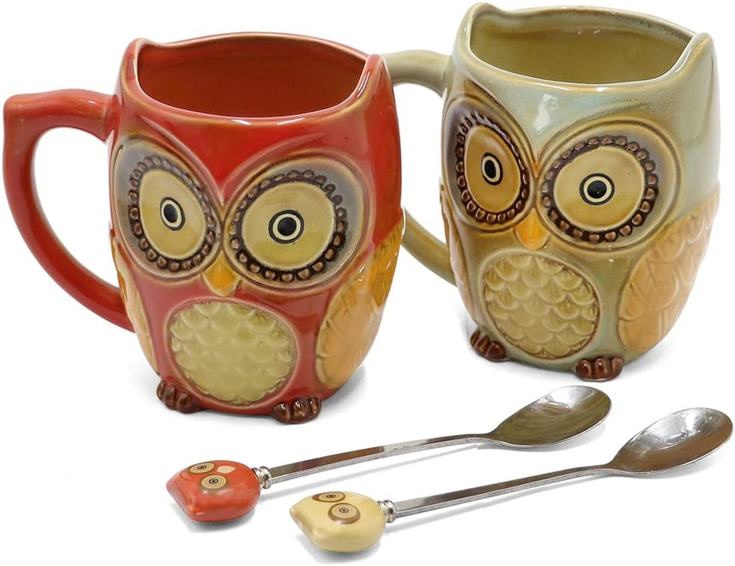 Set of 2 Owl-Shaped Ceramic Coffee Mugs with Spoons - Perfect Gift for Owl Enthusiasts
