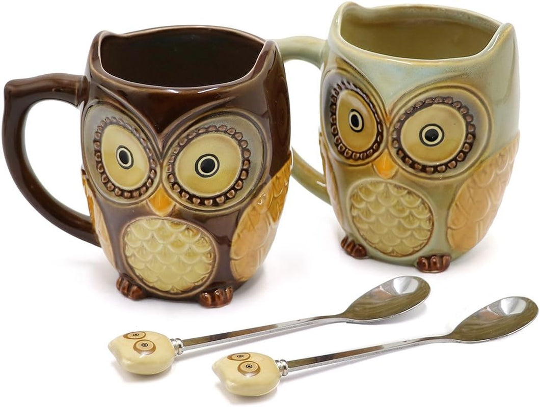 Set of 2 Owl-Shaped Ceramic Coffee Mugs with Spoons - Perfect Gift for Owl Enthusiasts