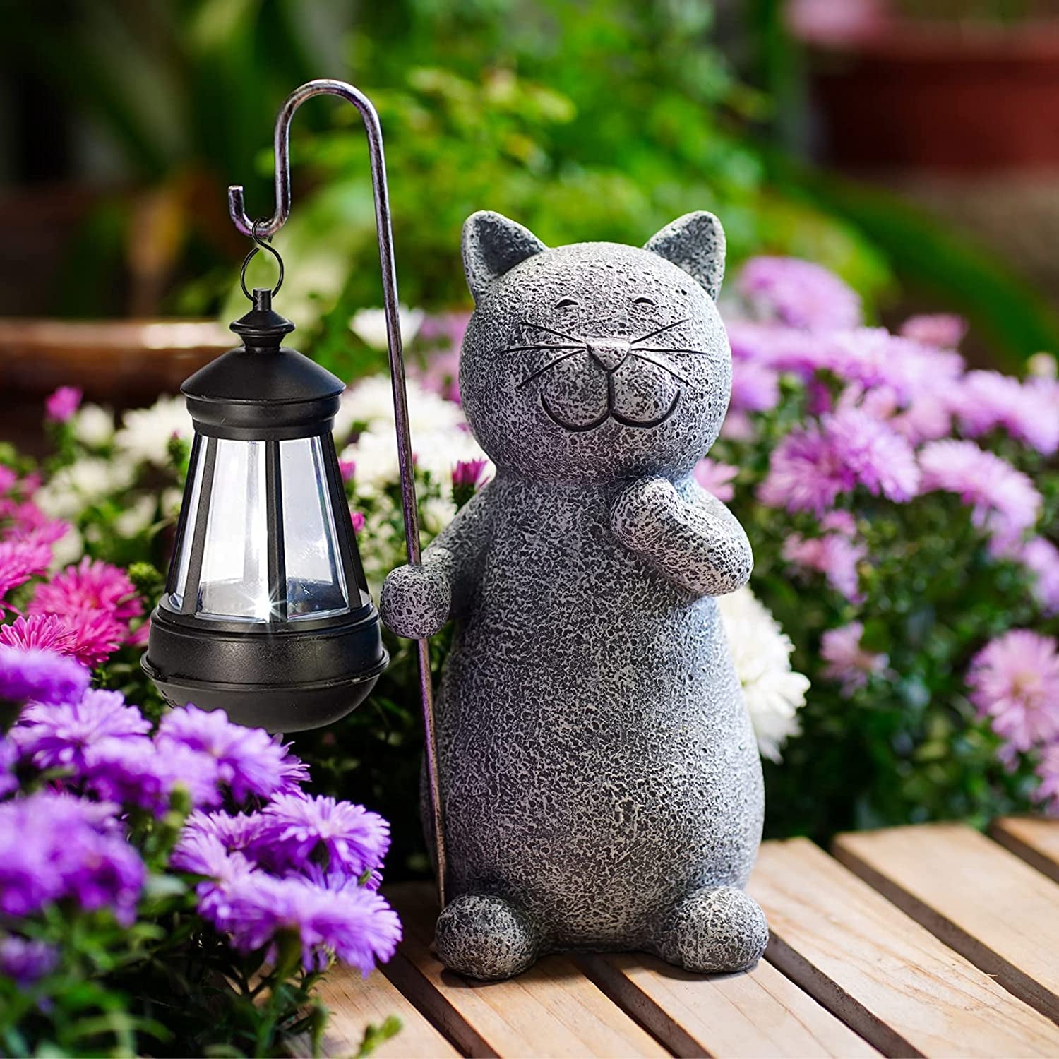 Solar Garden Statue Cat Figurine- Garden Art with Solar Lantern, Loving Cat for Patio,Balcony,Yard, Lawn-Unique Housewarming Gift for Garden Mom Grandma